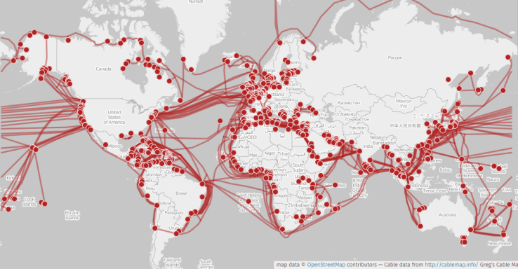World map of submarine communication cables. cable data by Greg Mahlknecht - world map by Openstreetmap contributors 2015.png